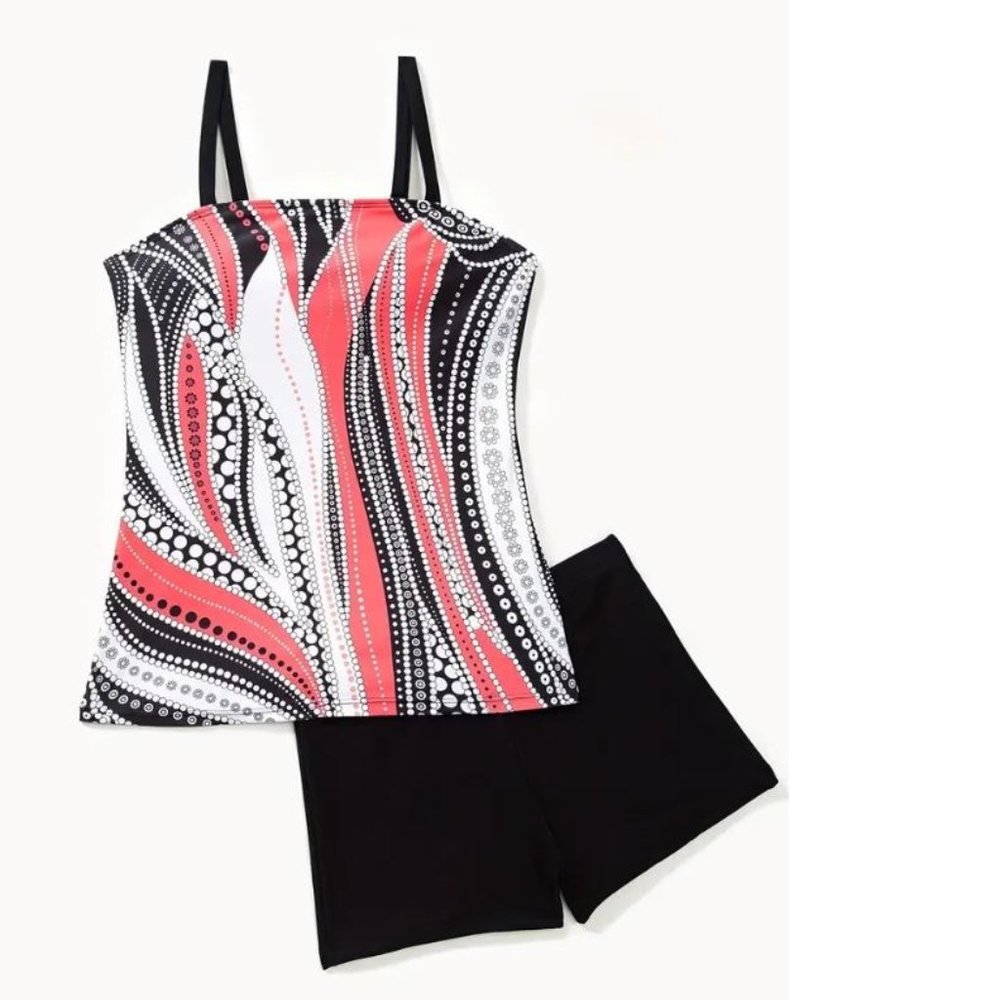 Womens Tankini Swimsuit XL Shorts 2 Pc Peach Black White Full Coverage Set